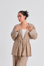 Floral Embroidered Linen Set (Almond Latte)