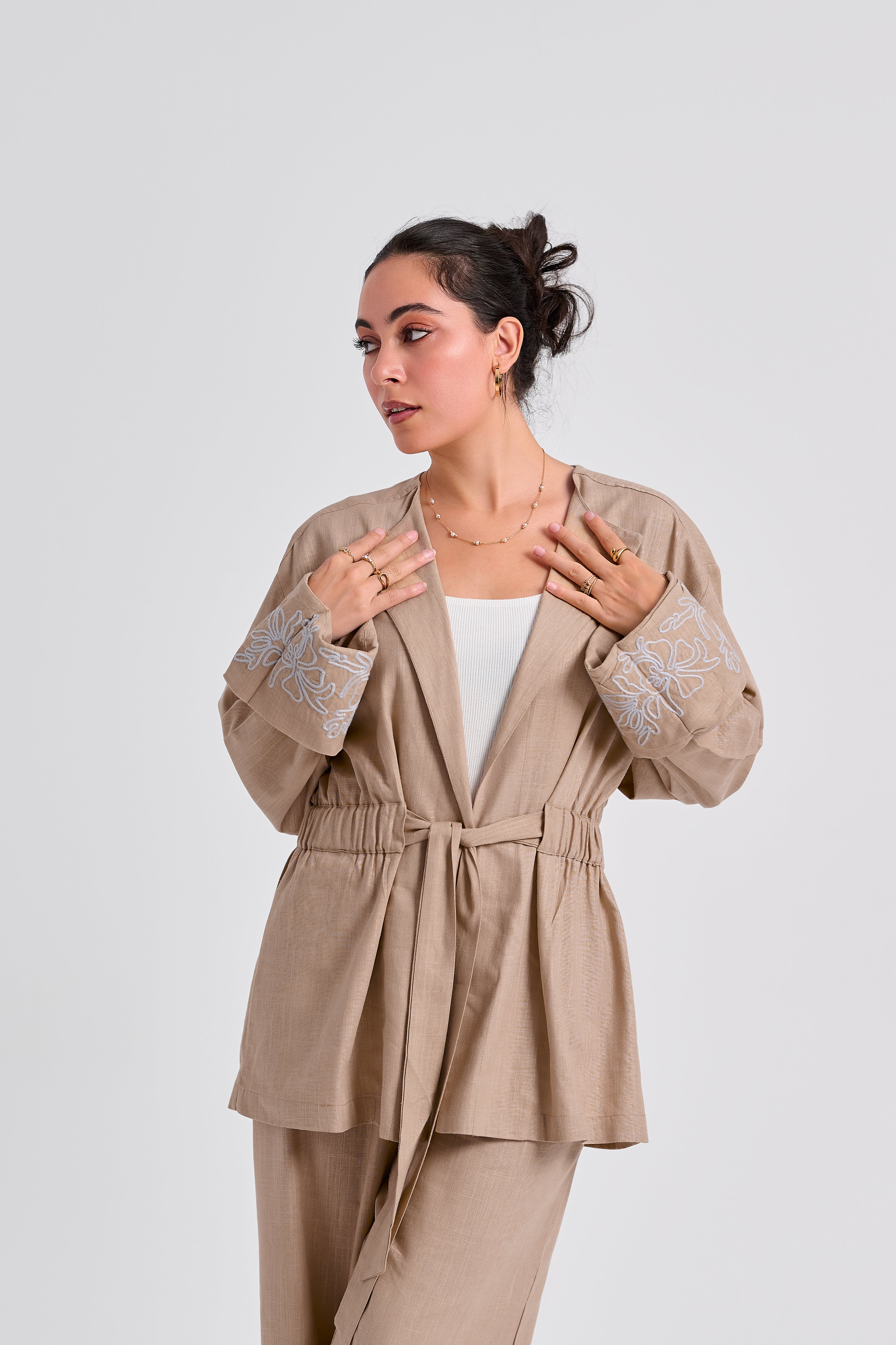Floral Embroidered Linen Set (Almond Latte)