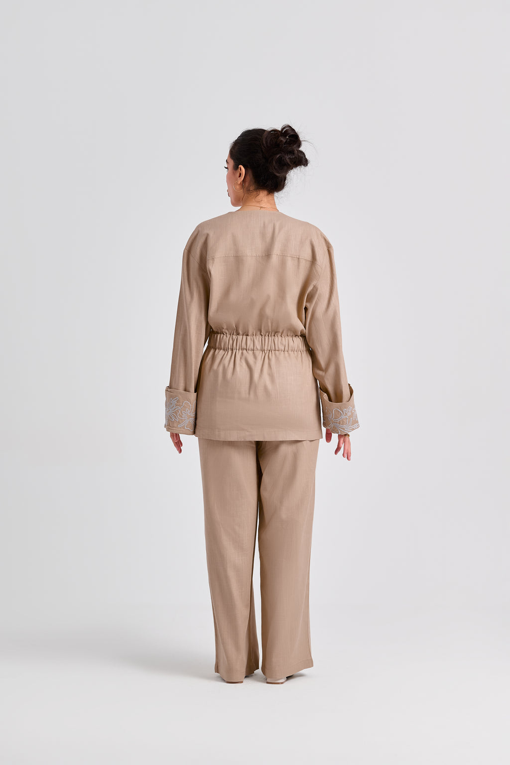Floral Embroidered Linen Set (Almond Latte)