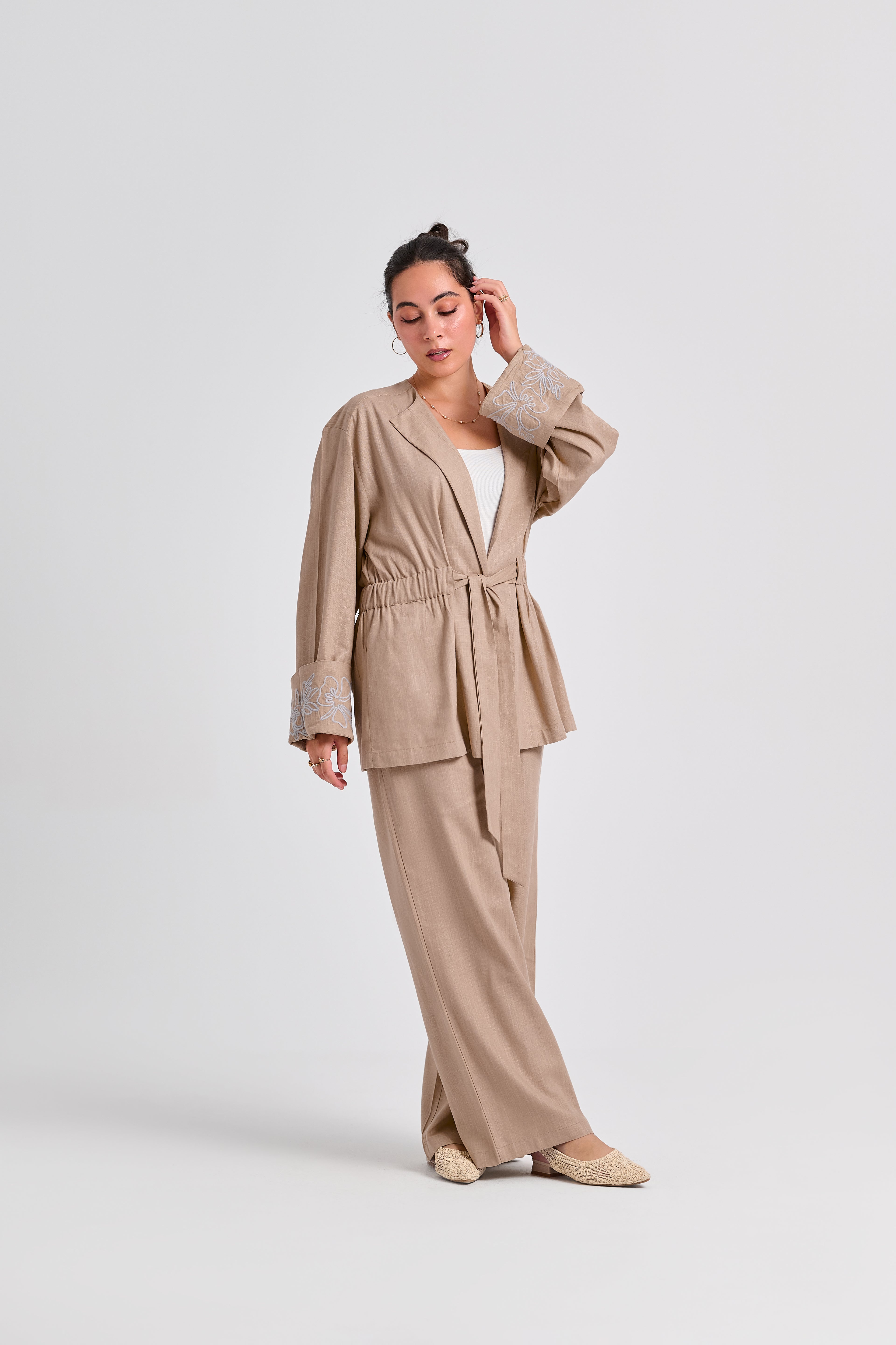 Floral Embroidered Linen Set (Almond Latte)