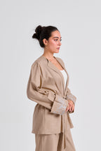 Floral Embroidered Linen Set (Almond Latte)