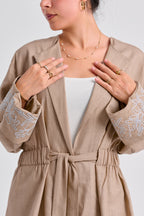 Floral Embroidered Linen Set (Almond Latte)