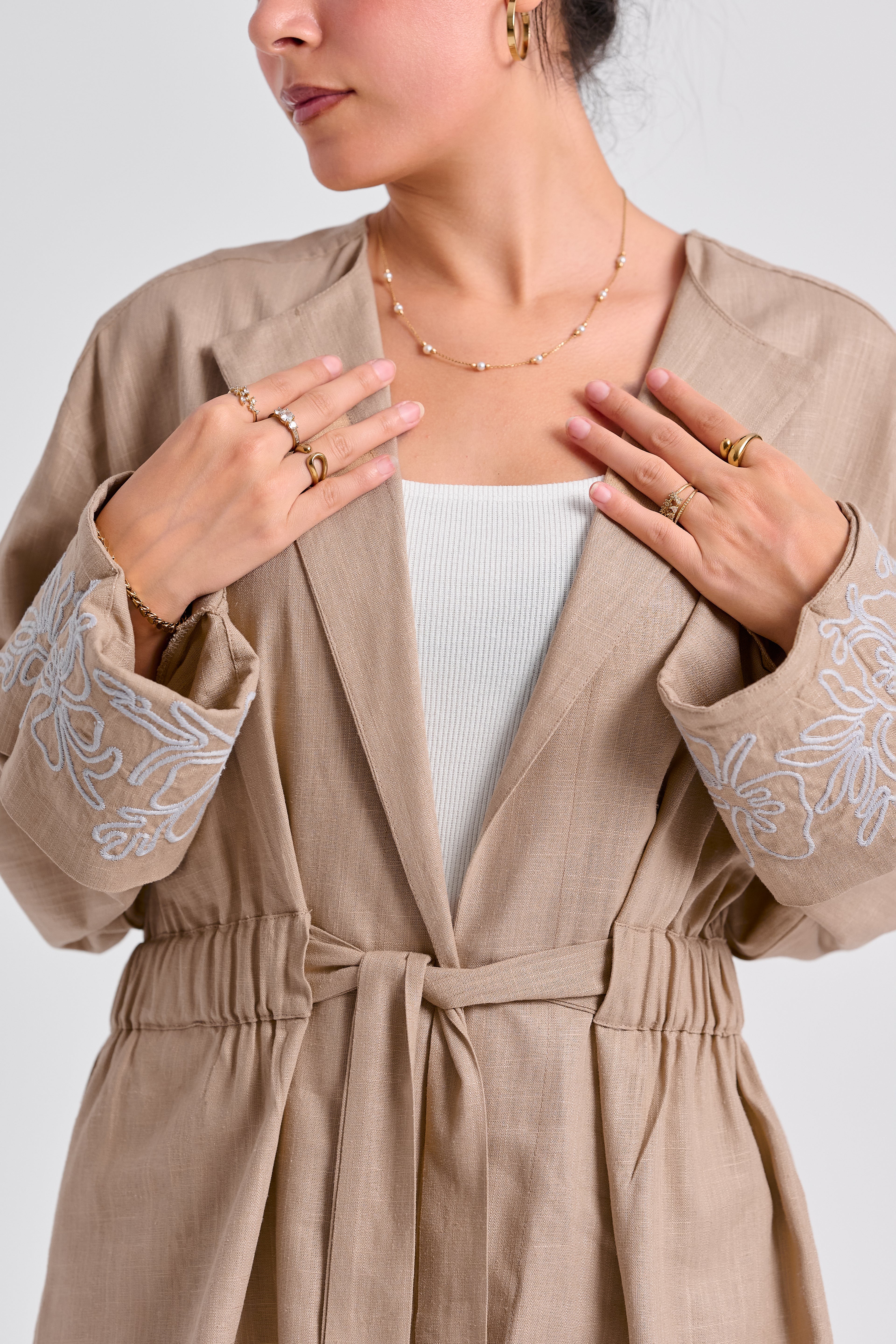 Floral Embroidered Linen Set (Almond Latte)