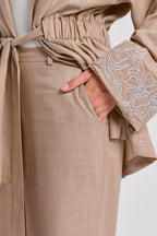 Floral Embroidered Linen Set (Almond Latte)