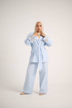 Floral Embroidered Linen Set (Powder Sky)