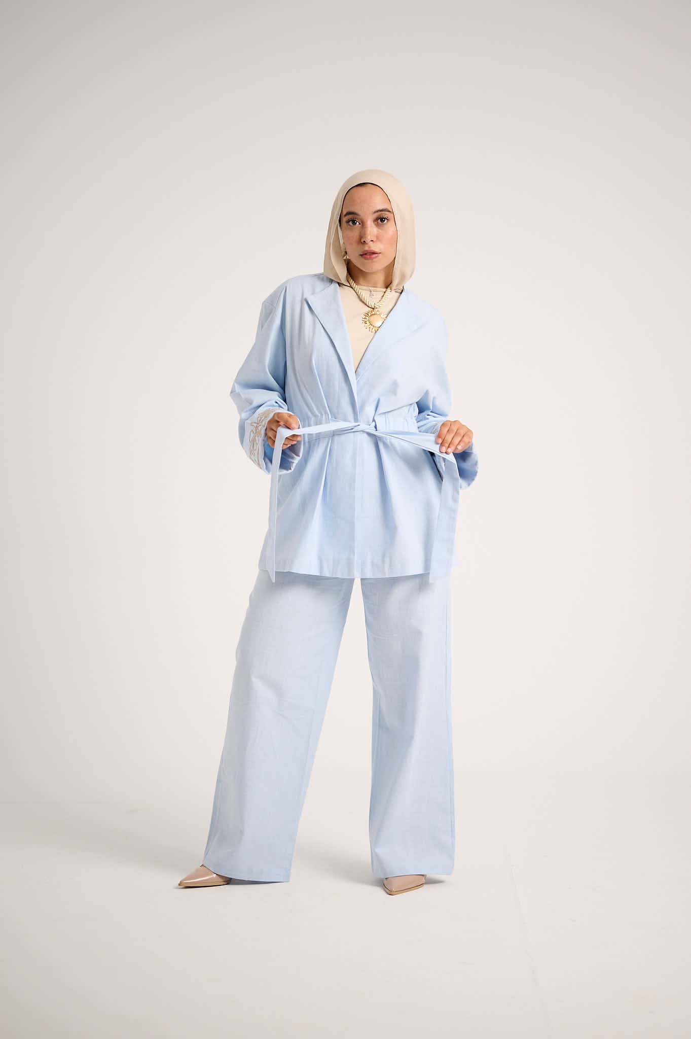 Floral Embroidered Linen Set (Powder Sky)