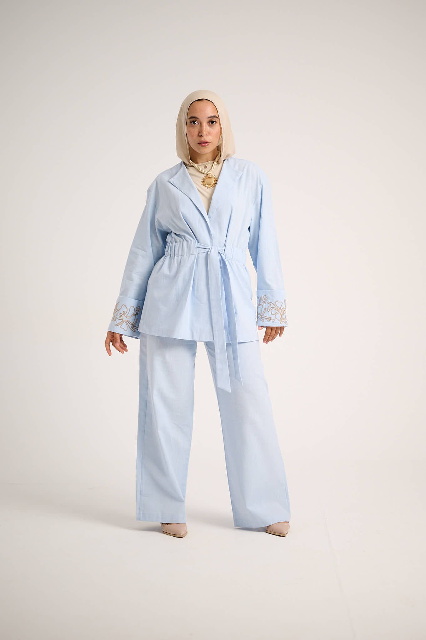 Floral Embroidered Linen Set (Powder Sky)