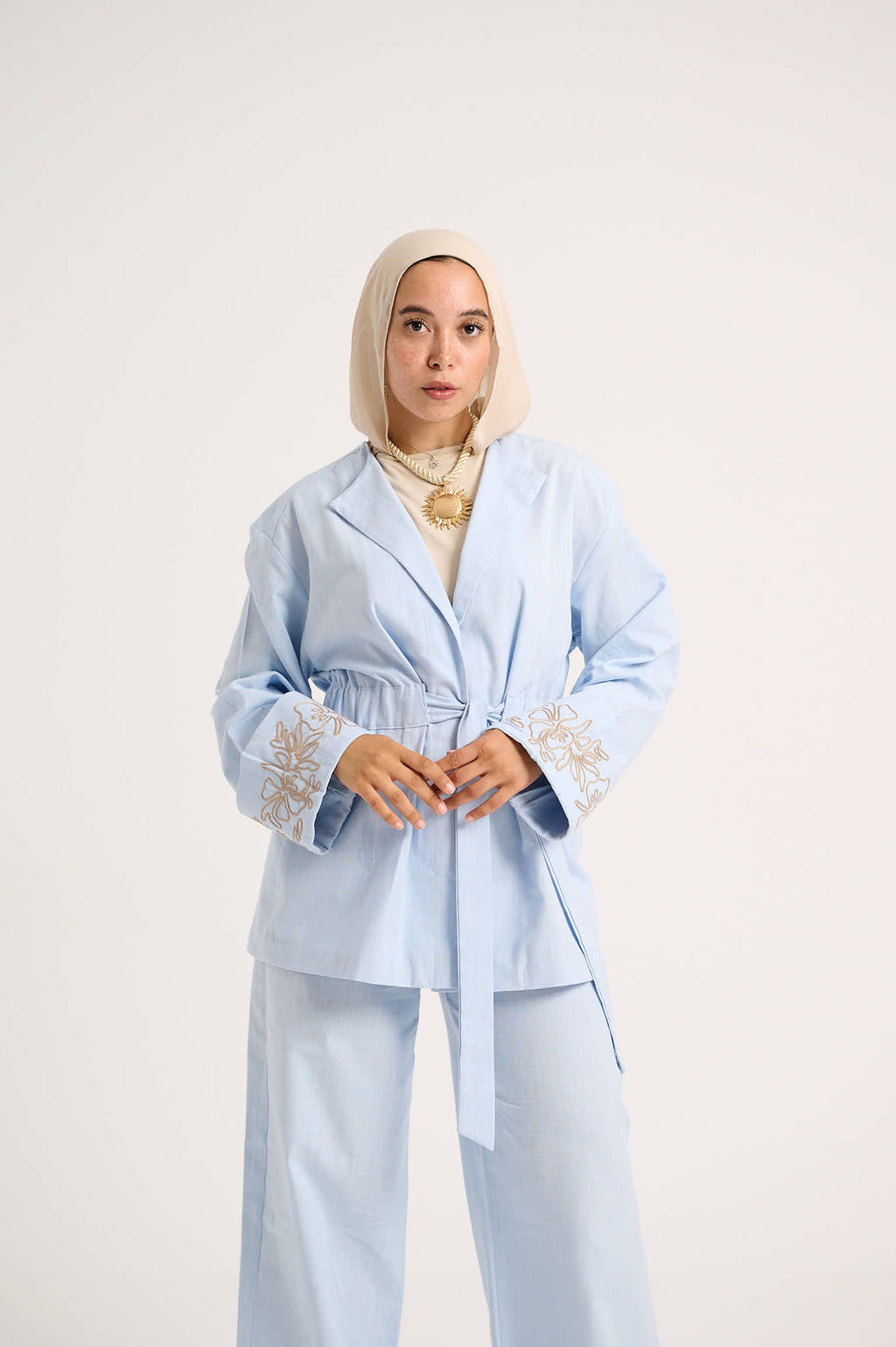 Floral Embroidered Linen Set (Powder Sky)