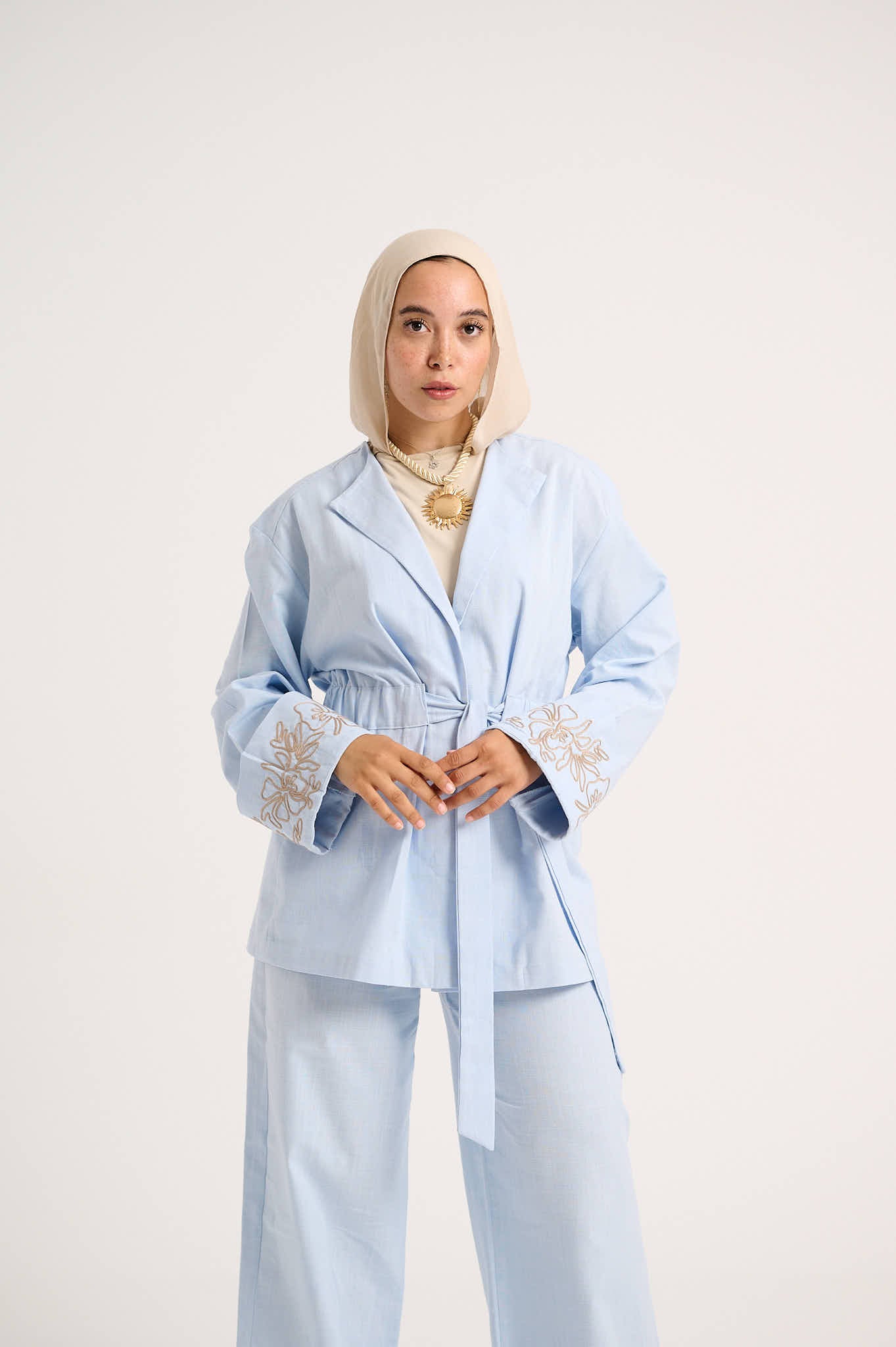 Floral Embroidered Linen Set (Powder Sky)