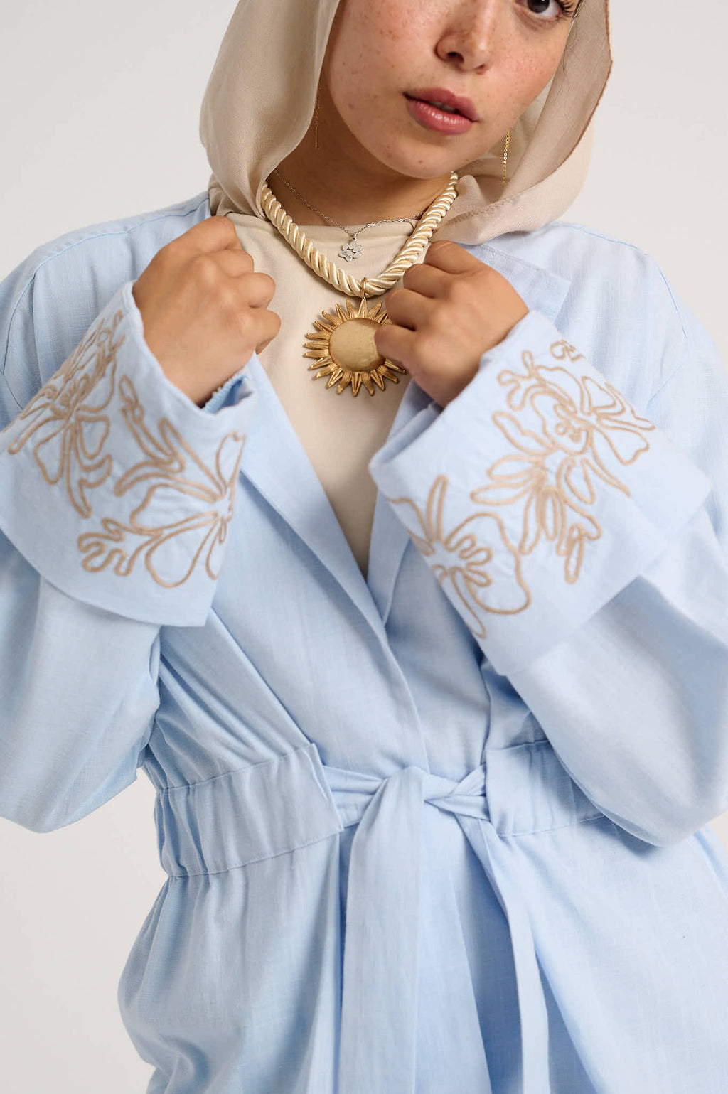 Floral Embroidered Linen Set (Powder Sky)
