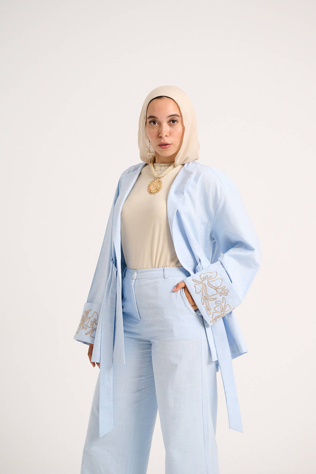 Floral Embroidered Linen Set (Powder Sky)