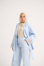 Floral Embroidered Linen Set (Powder Sky)
