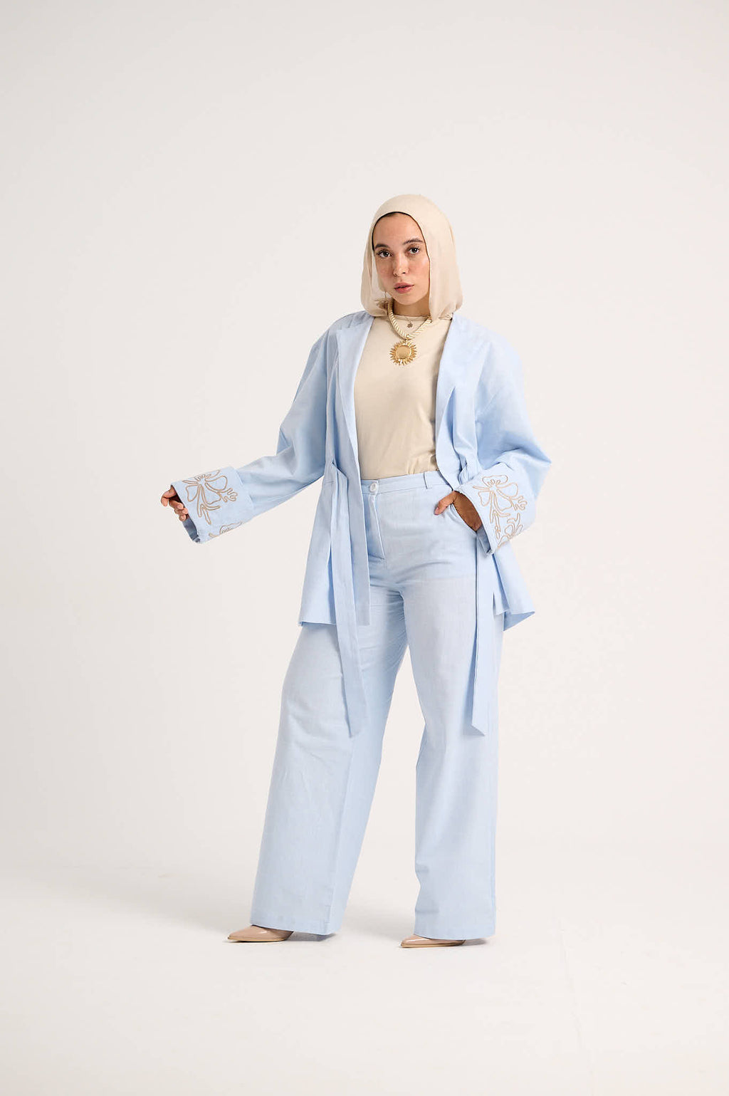Floral Embroidered Linen Set (Powder Sky)